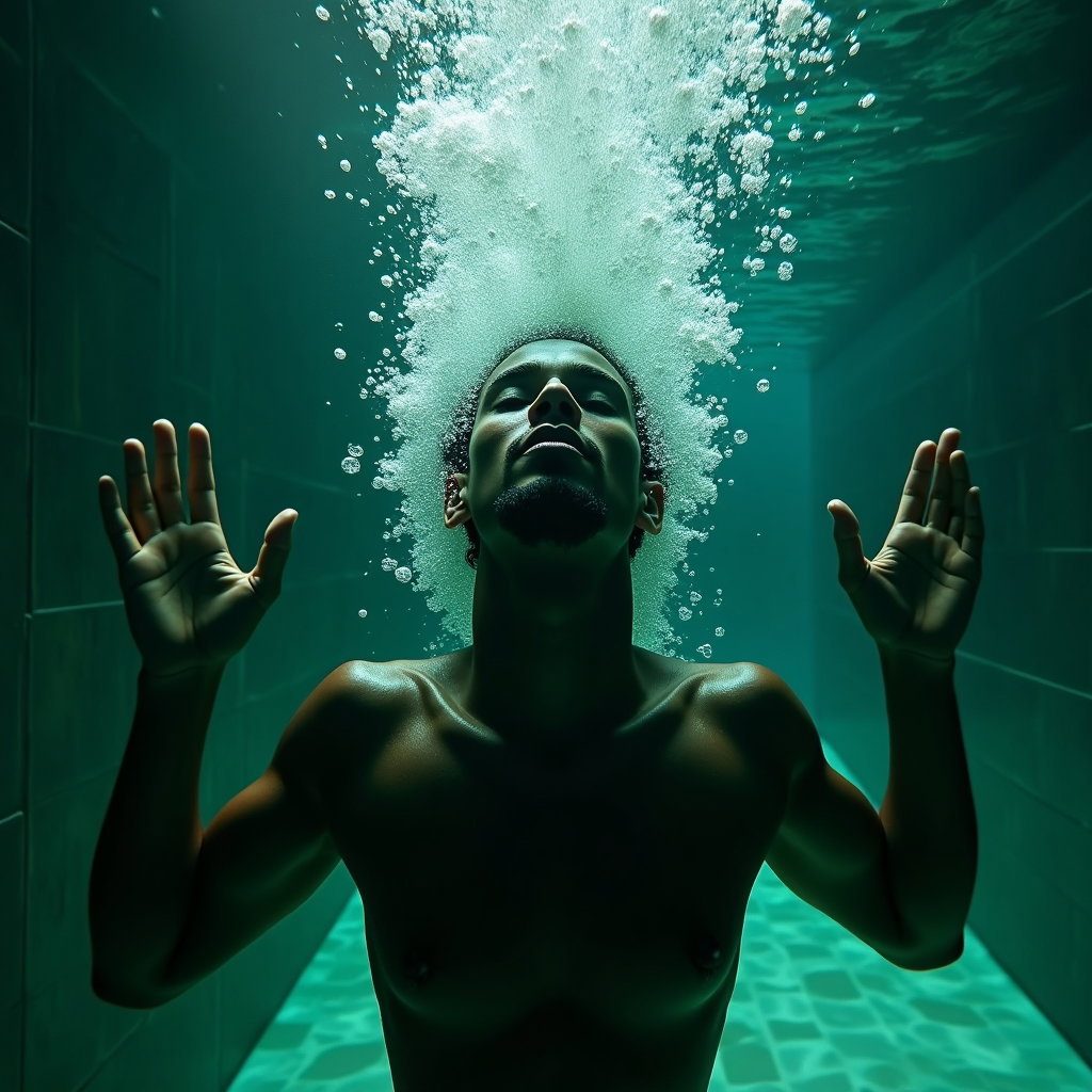 AI-generated photo: Photorealistic underwater portrait photography, waist-up shot in a dim, cinematic lap pool where the...