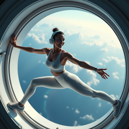 AI-generated photo: Photorealistic lifestyle space photography, a person in a sleek, futuristic fitness-leisure outfit d...