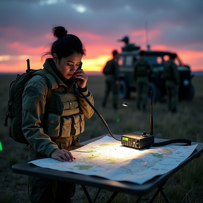 AI-generated photo: Photorealistic military field photography. In a windswept open field at dusk, a leader stands over a...