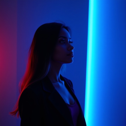 AI-generated photo: Photorealistic studio portrait photography. Semi-silhouette waist-up portrait with the subject posit...