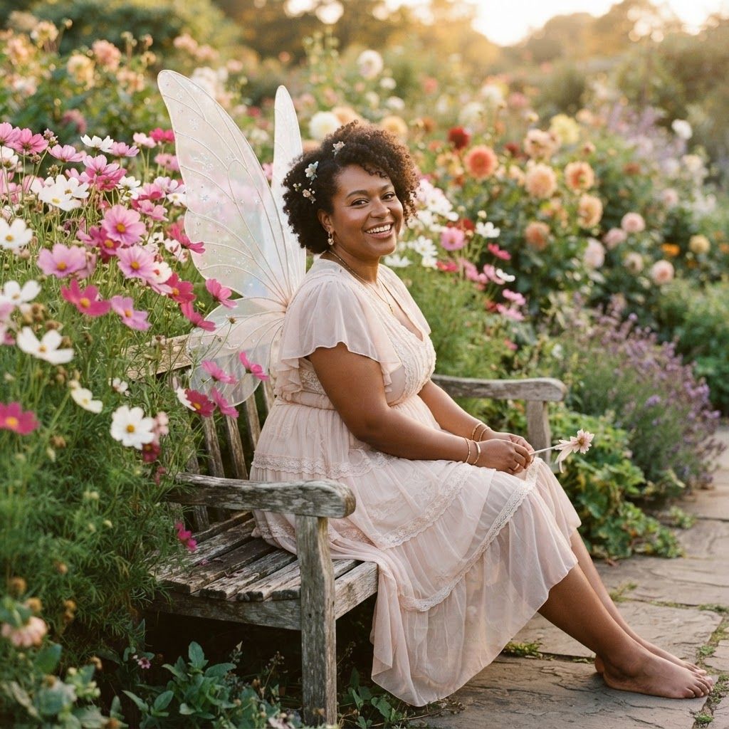 Garden Fairy Among Flowers: Personal Halloween costume photo in a cottage garden at golden hour.