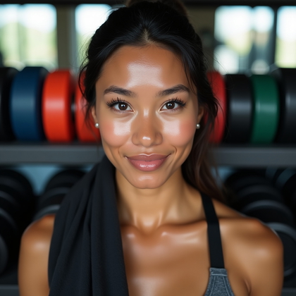 AI-generated photo: Photorealistic gym close-up portrait photograph: framed in front of a dumbbell rack with hex rubber ...