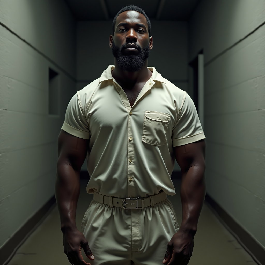 AI-generated photo: Photorealistic prison portrait photography, subject standing in a stark concrete cell, shoulders squ...
