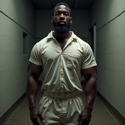 AI-generated photo: Photorealistic prison portrait photography, subject standing in a stark concrete cell, shoulders squ...
