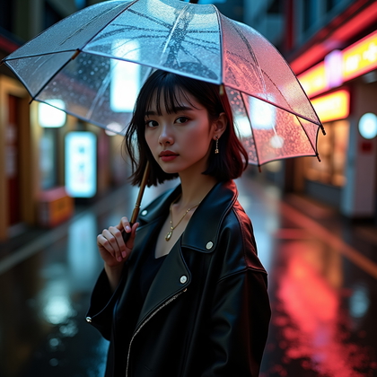 AI-generated photo: Fashion editorial street photography, a stylish portrait on a rain-soaked Japanese side street with ...