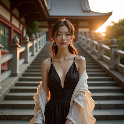 AI-generated photo: Photorealistic fashion portrait photography. A high-end editorial portrait at a historic temple stai...