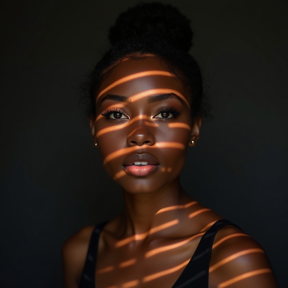 AI-generated photo: Photorealistic studio portrait photo featuring a venetian-blinds gobo projecting razor-sharp diagona...