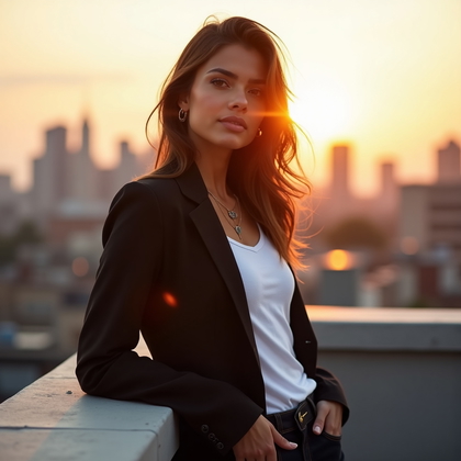 Photorealistic lifestyle portrait photo on a sunlit rooftop at golden hour, subject in a minimalist fitted jacket and casual tee, leaning on a low parapet with one hand in pocket, head turned to camera with an alluring, relaxed expression, skyline bokeh and warm lens flare framing the face. Warm backlight creates a glowing rim on edges while a silver reflector fills shadows, producing a flirty, date-ready vibe with crisp detail and velvety background blur.