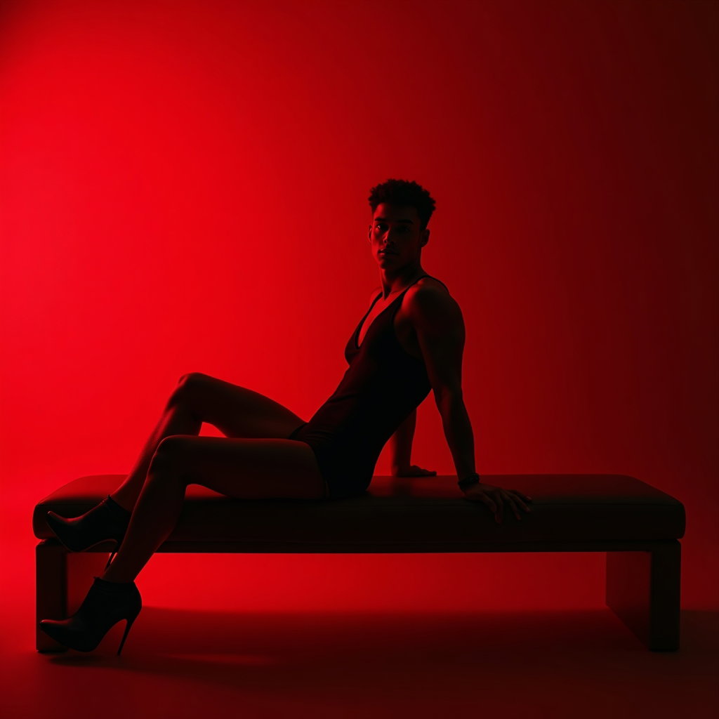 AI-generated photo: Photorealistic studio portrait. The subject is seated sideways on a sleek, low bench, torso twisted ...