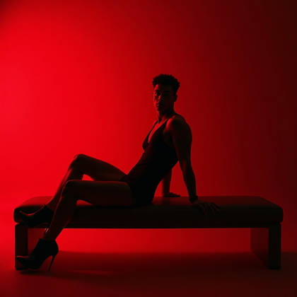 AI-generated photo: Photorealistic studio portrait. The subject is seated sideways on a sleek, low bench, torso twisted ...