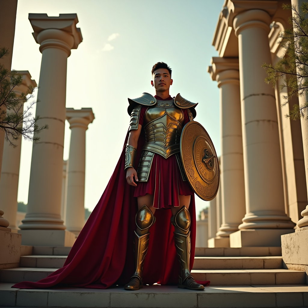Solo Bronze-Armor Champion Portrait example: Cinematic mythological portrait photo. Full-body portrait of a solo champion on wide marble steps, wearing bronze armor