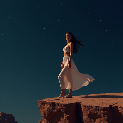AI-generated photo: Photorealistic minimalist desert cliff edge portrait with an adventurous yet seductive aura. The fig...