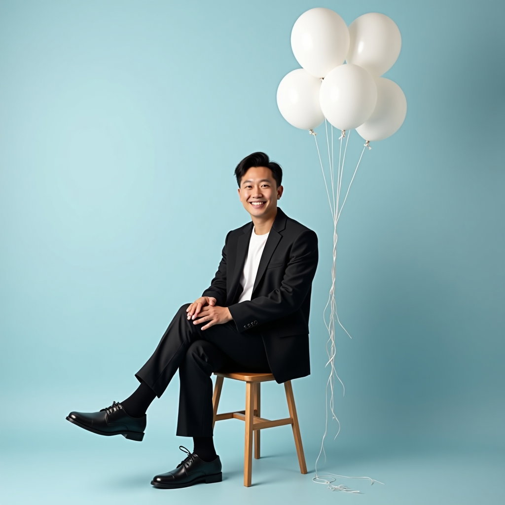 Minimal Studio Birthday Portraits With Clean Backgrounds example: Photorealistic studio portrait. Half-body portrait on a smooth pale blue background, with the subject seated on a simple