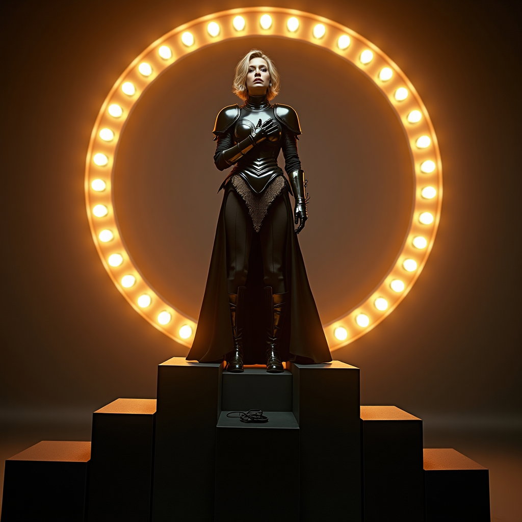 Black-and-Gold Idol Armor Portrait example: Cinematic fantasy editorial hero photo. Low-angle magazine-cover composition with the subject standing atop stacked matt