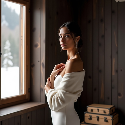 AI-generated photo: Photorealistic window‑light bridal portrait photography in an alpine chalet with a deep‑set timber c...