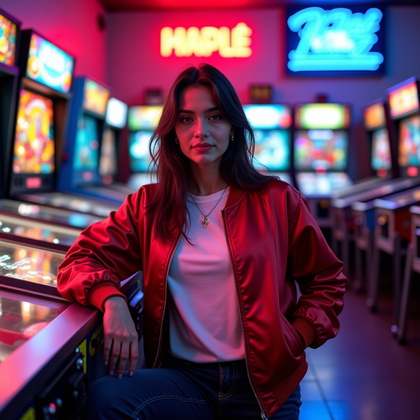 Photorealistic neon arcade portrait photo surrounded by retro cabinets and pinball machines, subject resting lightly against a pinball table with shoulders angled and head turned directly to the lens for an unmistakable, flirty connection; a satin bomber, clean tee, and dark denim keep the look modern and sleek. Colorful signage washes cyan and magenta across the face while a warm practical overhead gives just enough natural skin glow, ensuring a clear, unobstructed portrait. Reflections shimmer on the lacquered floor, neon bokeh blooms in the background, and a subtle edge light separates the subject from the glowing machines. The overall vibe is playful, confident, and irresistibly eye-catching without obscuring facial details.