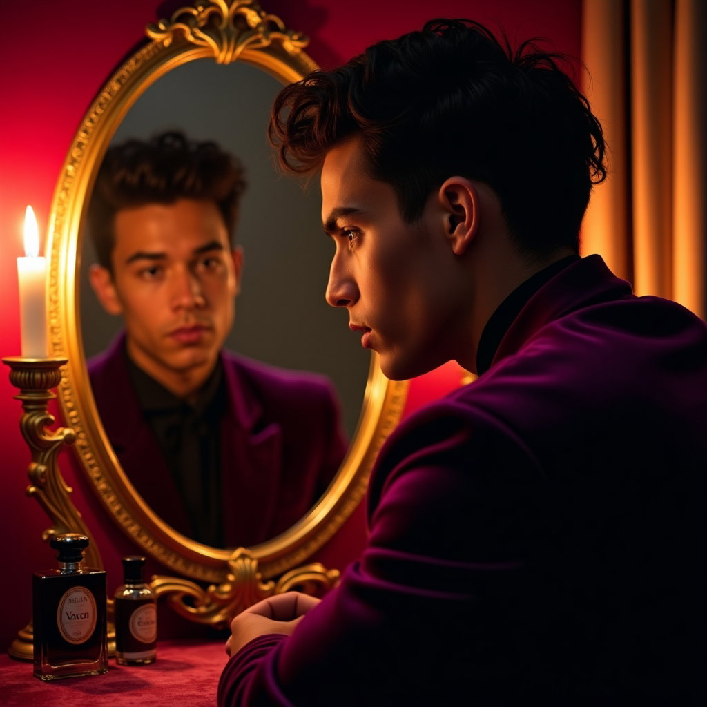 Candlelit Velvet Close-Up example: Dating profile photo, unexpected creative close-up using an antique oval mirror on a velvet vanity, with the subject’s f