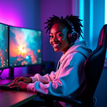 AI-generated photo: Photorealistic fashion portrait photography style, stylish streamer sitting slightly angled toward t...