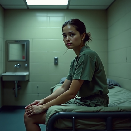 AI-generated photo: Photorealistic prison portrait photography, person seated sideways on a thin prison mattress atop a ...