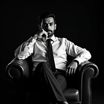 AI-generated photo: Photorealistic black-and-white studio portrait photography. Seated on a low leather club chair, the ...