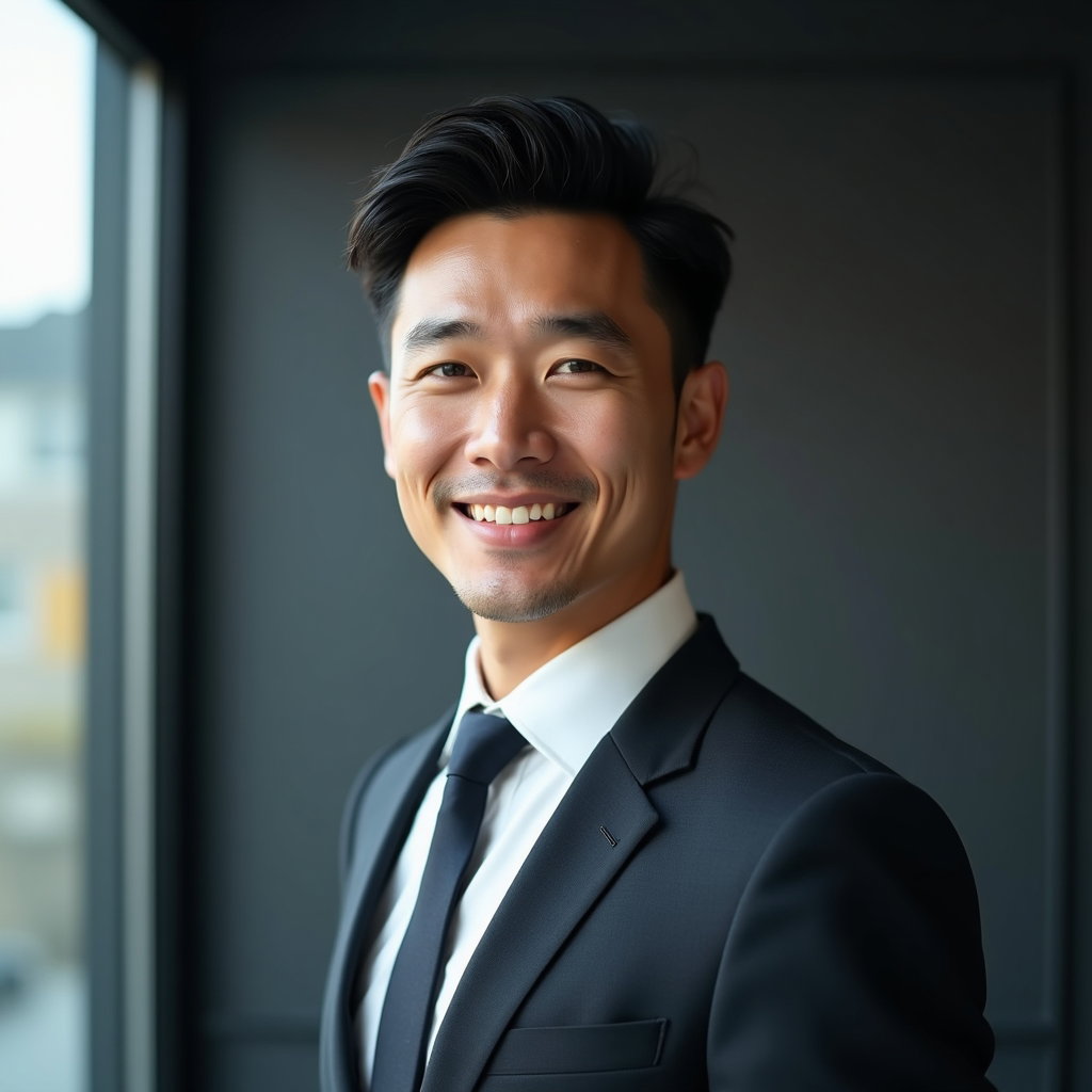 AI-generated photo: Professional headshot with a subtle slate-to-charcoal gradient backdrop in a modern office, subject ...