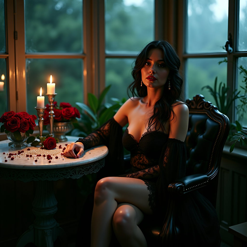 Black Lace Beauty Portrait with Pearl Details example: Dating profile photo. Unexpected creative portrait inside a glass conservatory at night, with the subject surrounded by