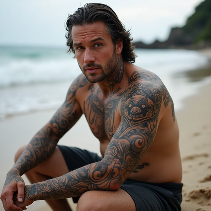 AI-generated photo: Photorealistic photography featuring a man with an elaborate Polynesian-style sleeve tattoo on his r...