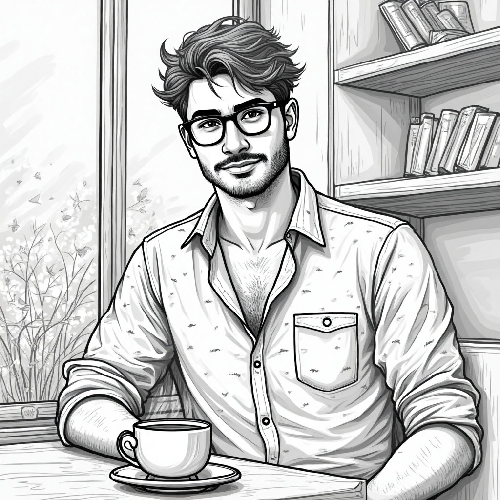 AI-generated photo: **Line Art Drawing.** Illustrate an intricate line art portrait of a young man sitting in a cozy noo...