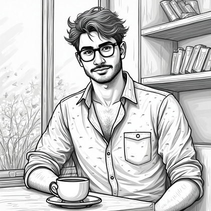 AI-generated photo: **Line Art Drawing.** Illustrate an intricate line art portrait of a young man sitting in a cozy noo...