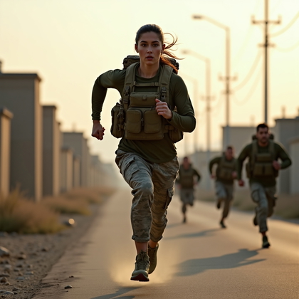 AI-generated photo: Photorealistic action photography. A military member is captured mid-stride during a high-intensity ...