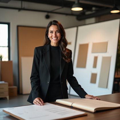 Executive environmental portrait photograph. Subject positioned in a modern product planning studio with physical prototypes, material samples, and neutral presentation boards arranged neatly in the background, standing beside a high worktable with one hand resting lightly on an open portfolio. Use polished business styling, calm focused expression, warm architectural lighting, organized creative-corporate atmosphere, and a balanced editorial composition.
