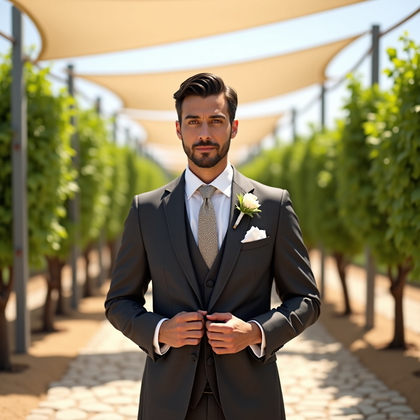 AI-generated photo: Photorealistic wedding photo; along a vineyard pergola draped with white sailcloth on a bright after...