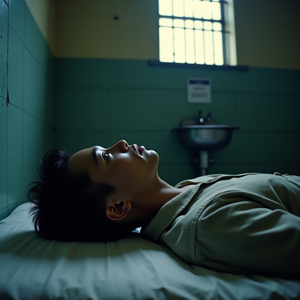 AI-generated photo: Photorealistic prison portrait photograph, the person is lying on their back on a thin mattress in a...
