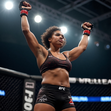 AI-generated photo: **Photorealistic professional photography** capturing a dynamic UFC fighter's victory pose in the oc...