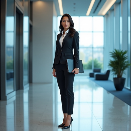 LinkedIn profile photography. Full-body executive portrait in a bright corporate lobby, the subject standing confidently with a slim laptop or portfolio at the side, wearing polished business attire and looking directly at the viewer. Sleek marble, glass, and metal architecture, cool blue-gray palette, clean composition with enough open space for article layout.