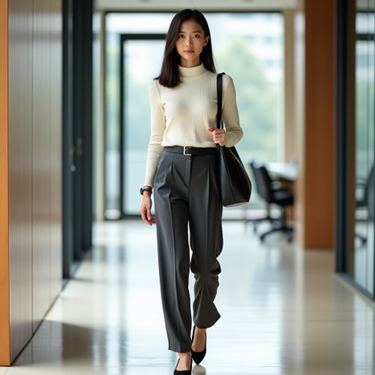 Pantalon large et haut en maille : photo personnelle en pied dans un couloir de bureau moderne, la personne marchant vers l’objectif avec une expression calme, adaptée à un entretien.