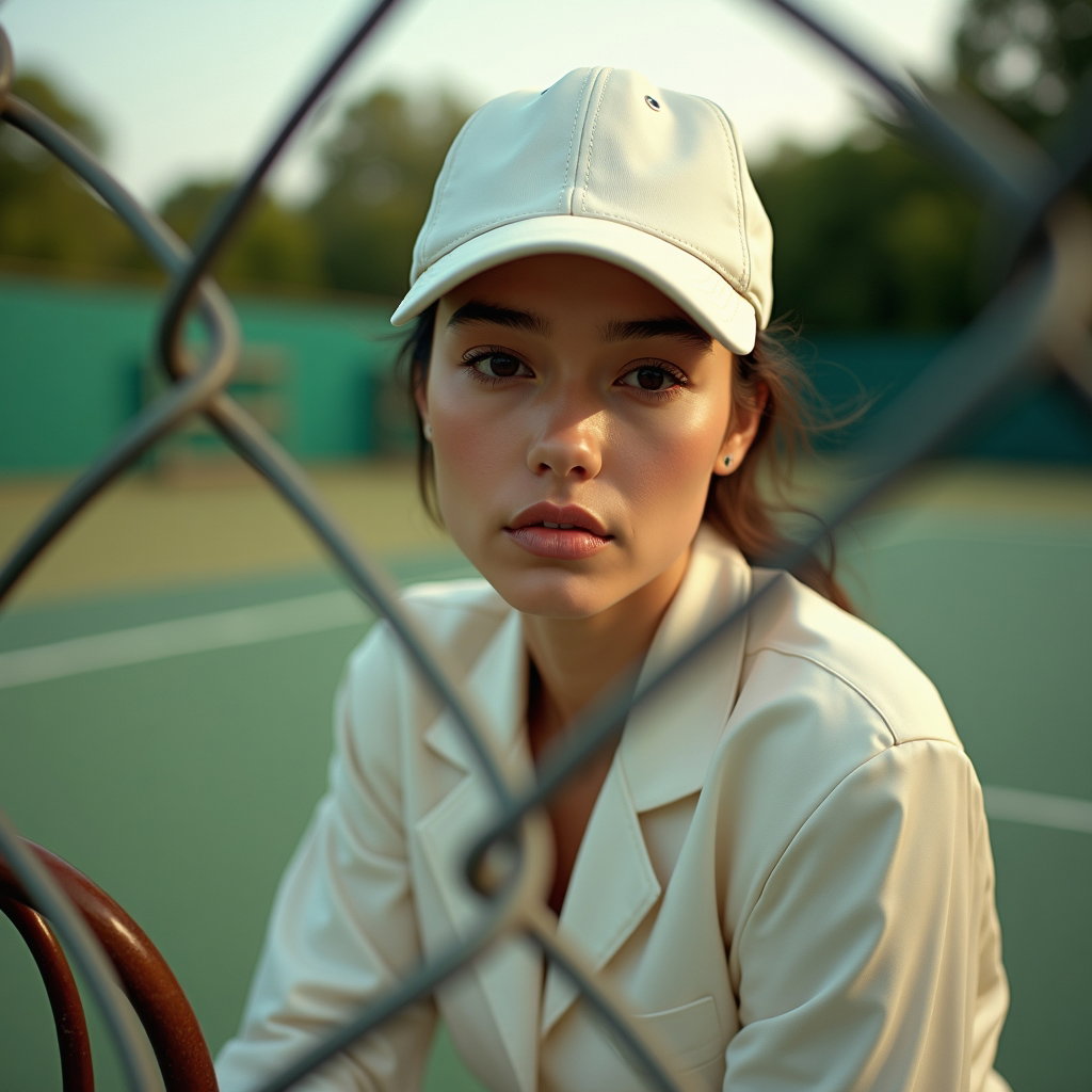 Close-Up Tenniscore Beauty Portraits With Visor or Cap example: Photorealistic environmental portrait photography. Courtside beauty portrait framed through a chain-link fence, wearing