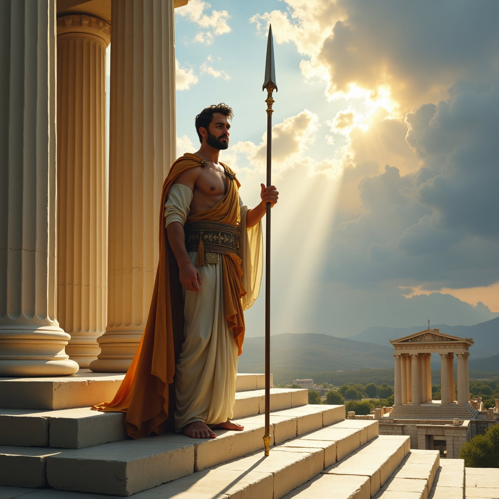 Solo Oracle-Blessed Hero Portrait example: Neoclassical mythological oil painting. Full-body hero portrait on marble temple steps, posed upright with a raised spea