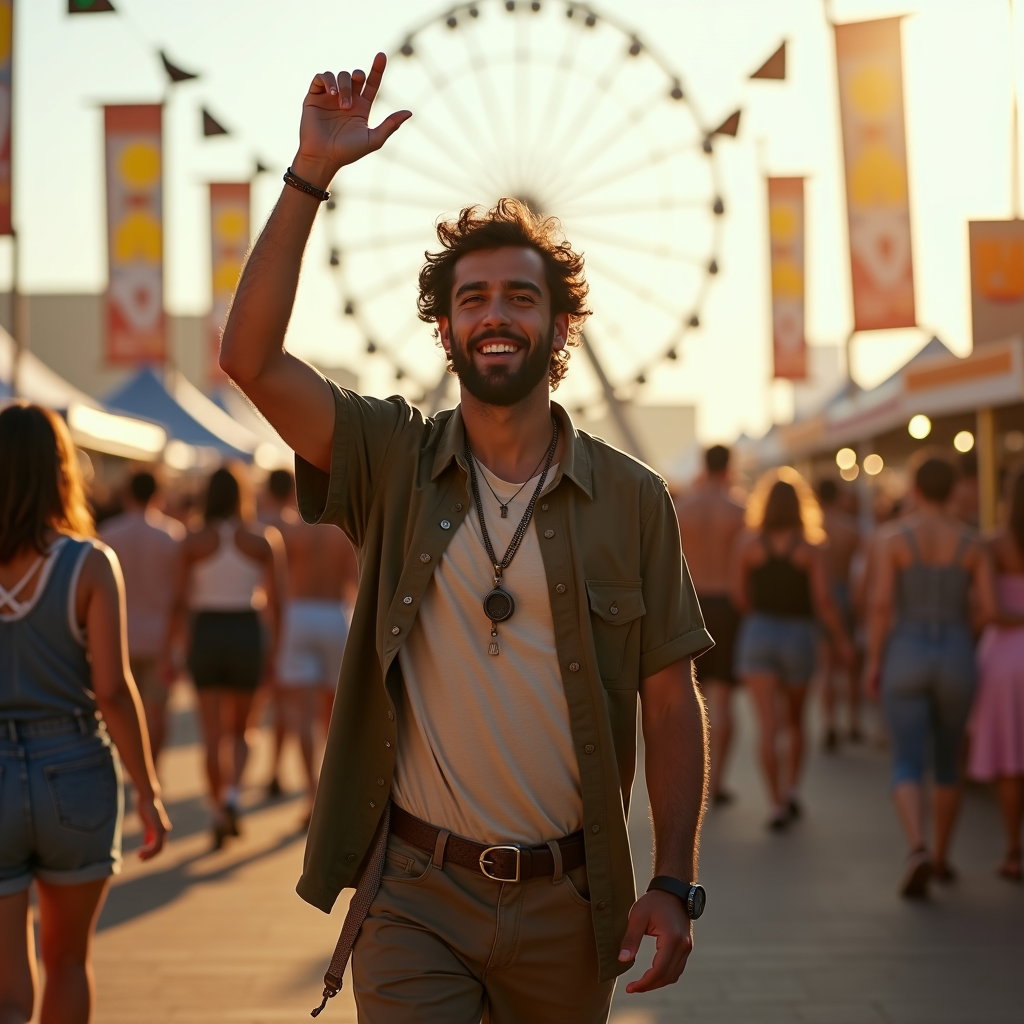 Candid Dance Motion Shot example: Photorealistic festival portrait photography. Environmental portrait with the subject dancing through a festival walkway