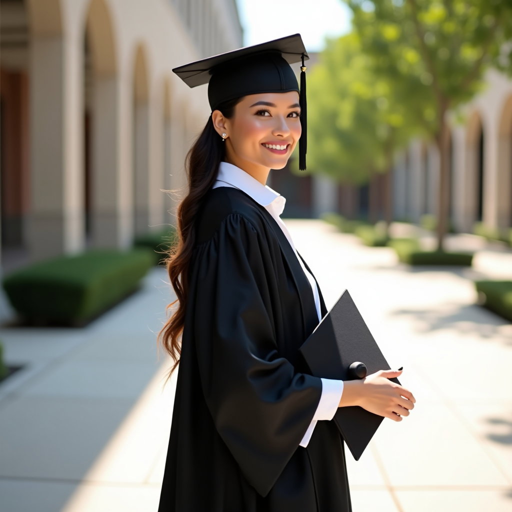 AI-generated photo: Professional fashion portrait photo, soft over-the-shoulder graduation portrait with the subject tur...