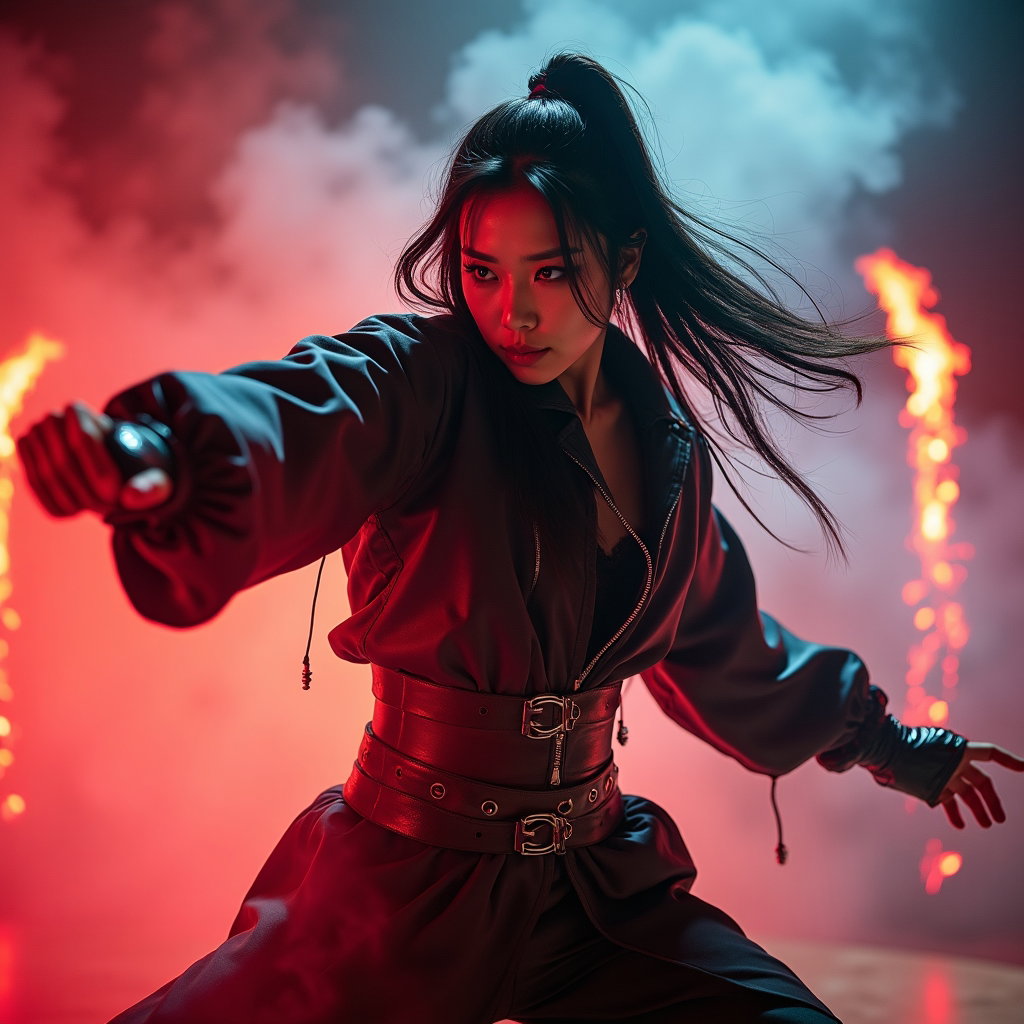 Possessed-Eye Rival Portrait example: Cinematic K-pop fantasy portrait photo. Motion-action portrait with the subject turning sharply toward the viewer mid-pe
