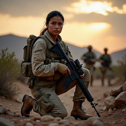 AI-generated photo: Photorealistic military portrait photograph, subject kneeling on one knee behind a low, rocky cover ...