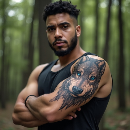 AI-generated photo: Photorealistic photography of a man with a stunning geometric wolf tattoo that features intricate po...