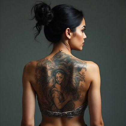 AI-generated photo: **Photorealistic photography** of a woman featuring a neo-traditional back tattoo inspired by mythol...
