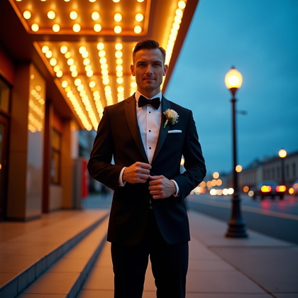 AI-generated photo: Photorealistic wedding portrait photo on the steps of an Art Deco theater beneath a glowing marquee ...