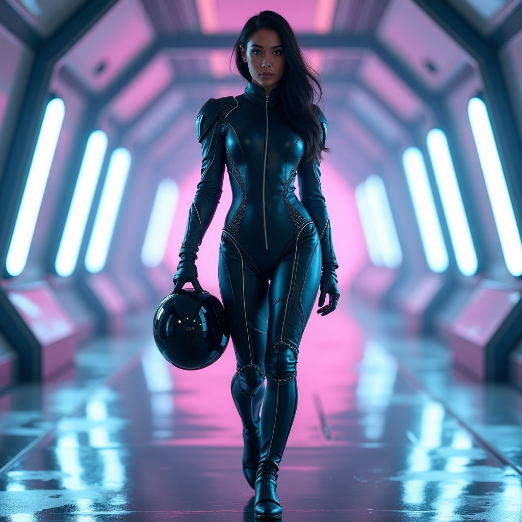 AI-generated photo: Photorealistic space fashion shoot showing a futuristic pilot striding down a luminous starship runw...