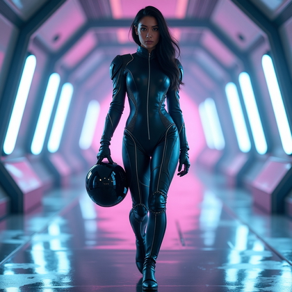 AI-generated photo: Photorealistic space fashion shoot showing a futuristic pilot striding down a luminous starship runw...