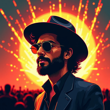 AI-generated photo: Serigraph poster caricature illustration: center stage at a sunset music festival, a wall of blinder...