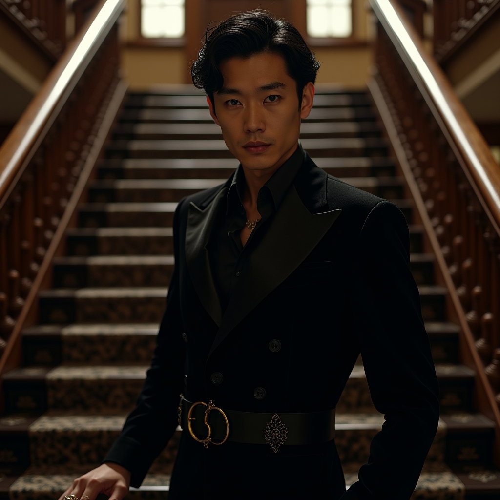 Regal Staircase Vampire Romance Portrait example: Cinematic gothic portrait photography. Editorial hero image from a slightly lower angle on a monumental staircase, the s