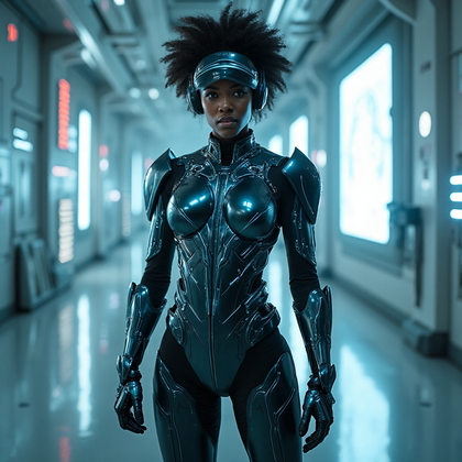 AI-generated photo: Sci-fi warrior photo featuring a character in a futuristic, armored exosuit made from a sleek, compo...